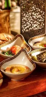 Middle Eastern feast with lanterns on a wooden table.