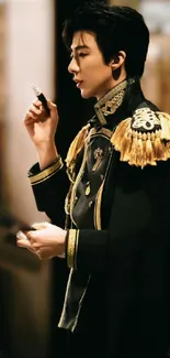 Elegant figure in ornate military attire with gold accents.