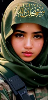 Woman in military uniform with olive hijab, confident expression.