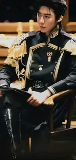 Elegant military-style portrait with black and gold attire in a chair.