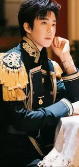 Elegant military-style portrait with gold accents on blue uniform.