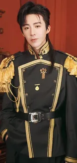 Portrait with elegant military-style uniform and gold accents on a burnt orange backdrop.