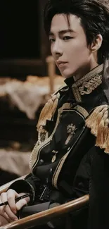 Man in intricate military uniform with golden embroidery.