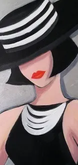 Elegant minimalist art wallpaper with a chic figure, black hat, and red lips.