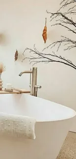 Minimalist bathroom with white tub and elegant decor.