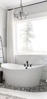 Minimalist white bathroom with freestanding tub and natural light.