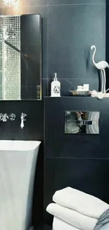 Modern dark gray bathroom with sleek design and elegant decor.