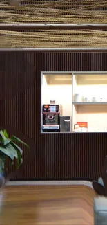 Elegant coffee corner with wooden textures and modern decor.