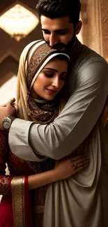 Elegant couple in traditional clothing embrace under arches, warm ambiance.