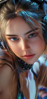 Elegant portrait with headphones featuring vibrant colors.