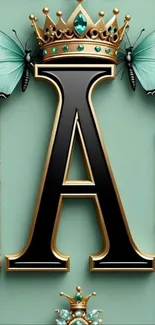 Gothic letter with ornate butterflies on mint background.