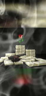 Stacks of money with a red rose and smoke on black background.