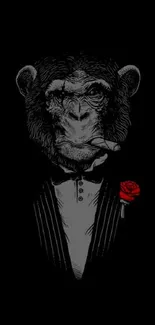 Elegant monkey in a tuxedo with red rose.