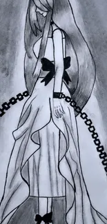 Monochrome anime character with flowing dress and chains in artistic style.