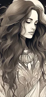 Monochrome portrait wallpaper of serene woman with detailed attire and flowing hair.