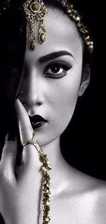 Monochrome elegant woman with traditional jewelry in black and white.