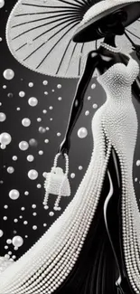 Elegant lady silhouette with pearls in monochrome wallpaper.