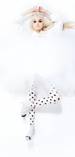 Elegant white themed fashion wallpaper with polka dots and monochrome design.