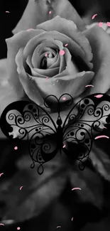 Black and white rose with butterfly design on mobile wallpaper.