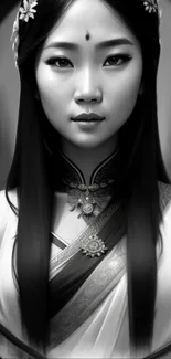 Monochrome portrait of a woman in elegant, traditional attire with intricate details.