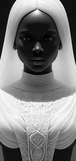 Monochrome portrait of an elegant figure in detailed attire as mobile wallpaper.