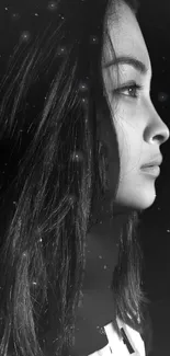 Monochrome profile portrait wallpaper with starry accents.