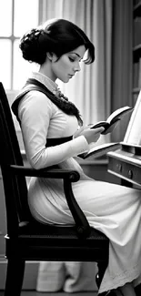 Monochrome image of a woman reading in a classical study setting.