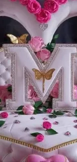 Monogram M with roses and butterflies in pink decor.