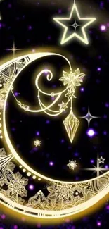 Gold crescent moon with stars on a dark night sky wallpaper.