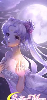 Anime princess with flowing hair under a bright full moon.