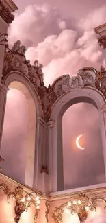 Elegant architecture with crescent moon in pink sky wallpaper.