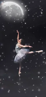 Elegant ballerina dancing under a moonlit sky with stars.