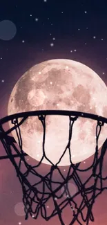 Moon rises behind basketball hoop under twilight sky.