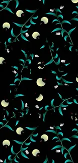 Moonlit botanical wallpaper with teal leaves on black background.