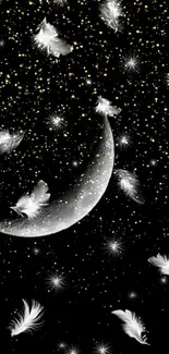 Crescent moon with feathers and stars on a dark background.