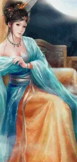 Moonlit lady in elegant, traditional attire with vibrant colors.