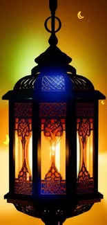 Intricate Moroccan lantern glowing warmly against an orange background.