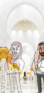 Cartoon characters in a mosque interior wallpaper.