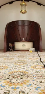 Elegant mosque interior with intricate carpet patterns and a beautifully designed Mihrab.