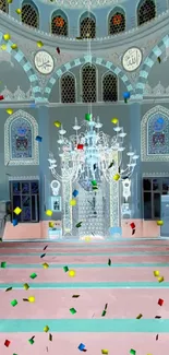 Intricate mosque interior with chandelier and ornate designs.