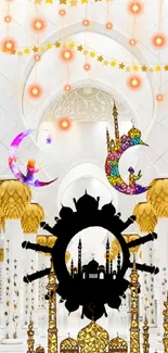 Elegant mosque wallpaper with golden motifs and crescent moons.