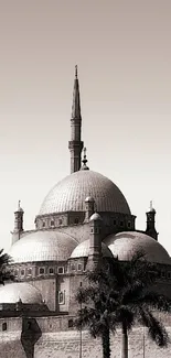 Sepia-toned image of a historic mosque with domes and minarets.