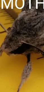 Close-up of a moth on a yellow surface with detailed textures.