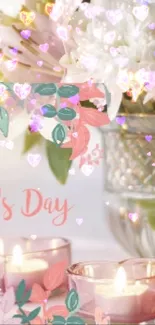 Mother's Day wallpaper with flowers and candles creating a warm, elegant ambiance.