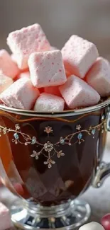 Ornate mug filled with pink marshmallows.