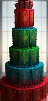 Elegant multi-layer cake with vibrant colors on a mobile wallpaper.