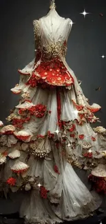 Fantasy dress with mushrooms on dark background.