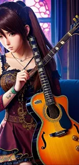 Stylish woman with guitar in elegant setting wallpaper.