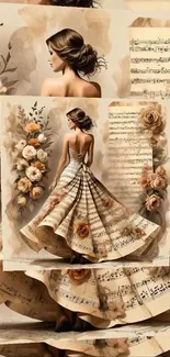 Elegant woman in a musical note dress surrounded by vintage roses.