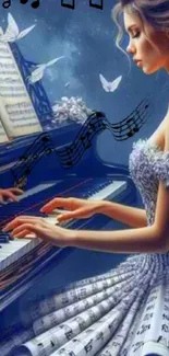 Fantasy art of a woman playing the piano with musical notes flying.